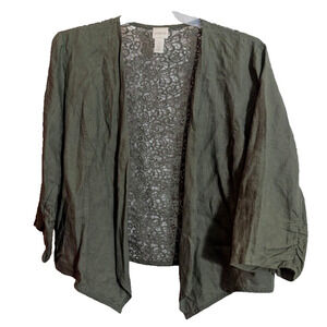 Chicos Linen Green Lace 3/4 Sleeve Open Cardigan Top XL Boho Cottage Fall P1